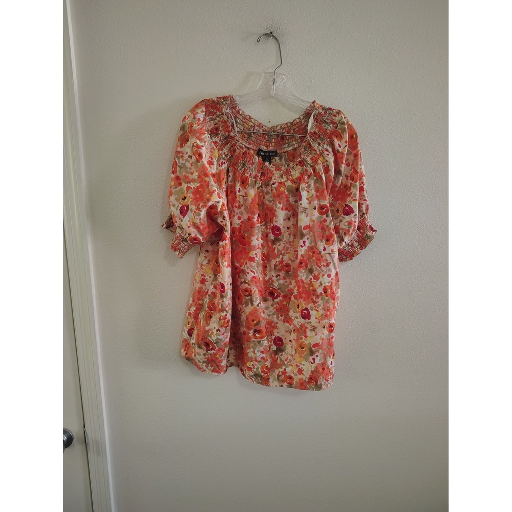 I.N. Studio Women XL Orange Floral Smocked Off Shoulder Puff Sleeve Blouse Top